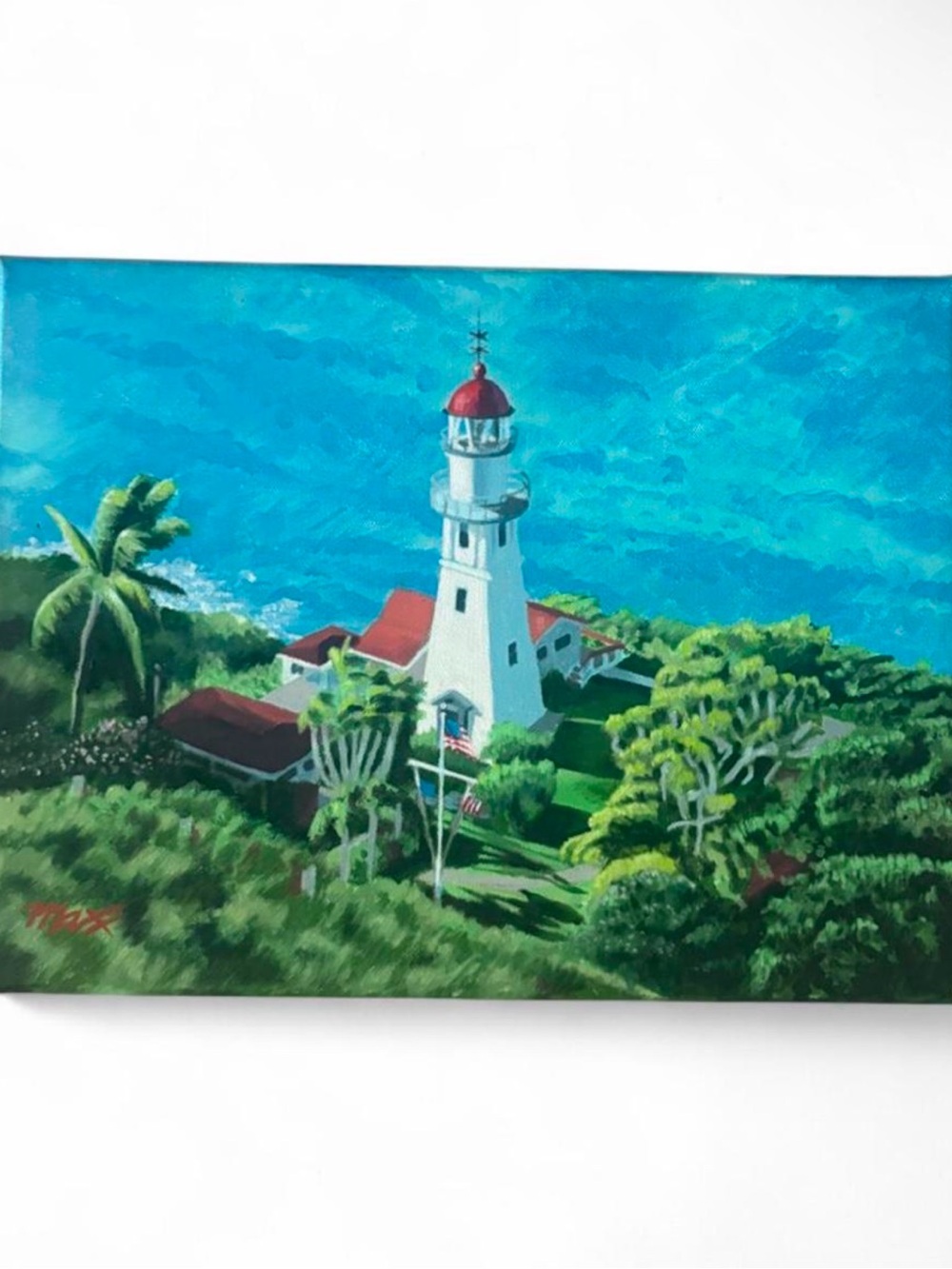 Signed Coastal Lighthouse Canvas Painting in blue, White & Red